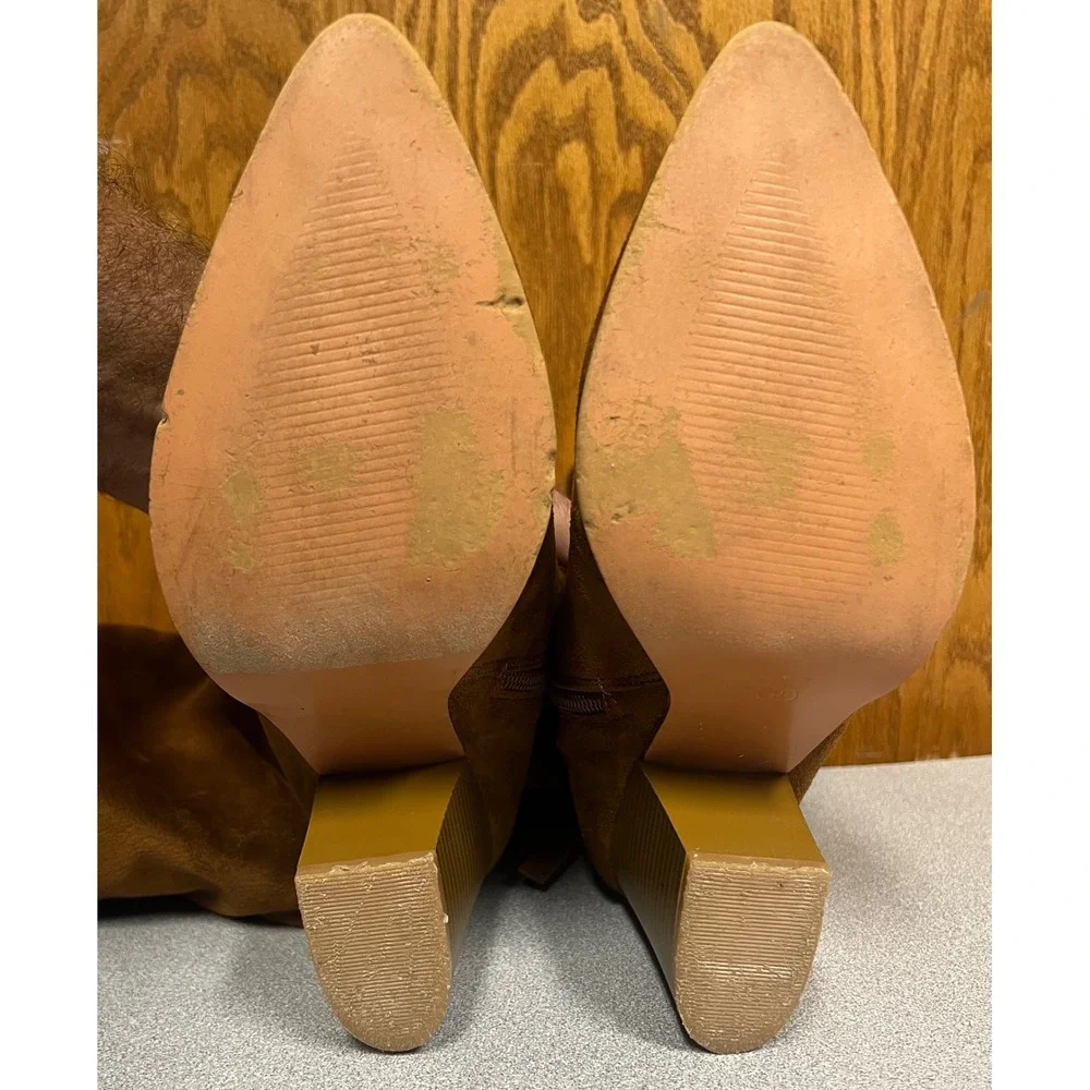 Loki Cognac Faux Suede Slouchy Over The Knee Pointed Toe Block Heel Boots Size 9